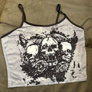 SKULLs & Roses TANK TOP RARE PUNK ROCK EMO GOTH Spaghetti Straps Gray L or M